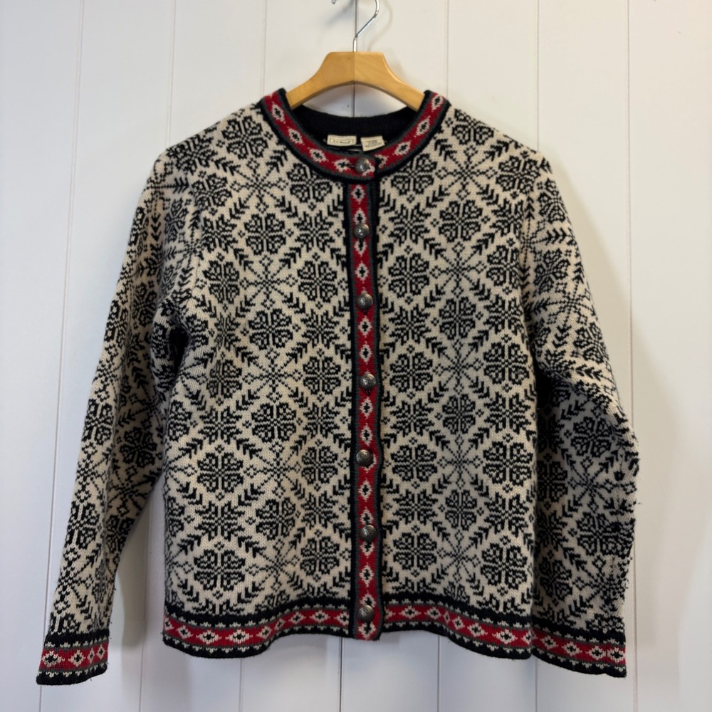 Vintage LL Bean Heritage Nordic Merino Wool Cardigan Sweater Women Size M Cozy
